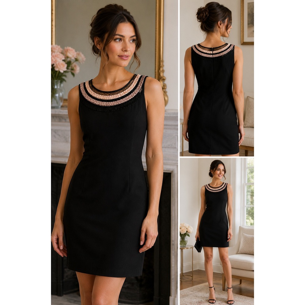 Ann Taylor Petite Dress 4P Black Blush Pink Lace Ruched Neck Sheath Cocktail LBD